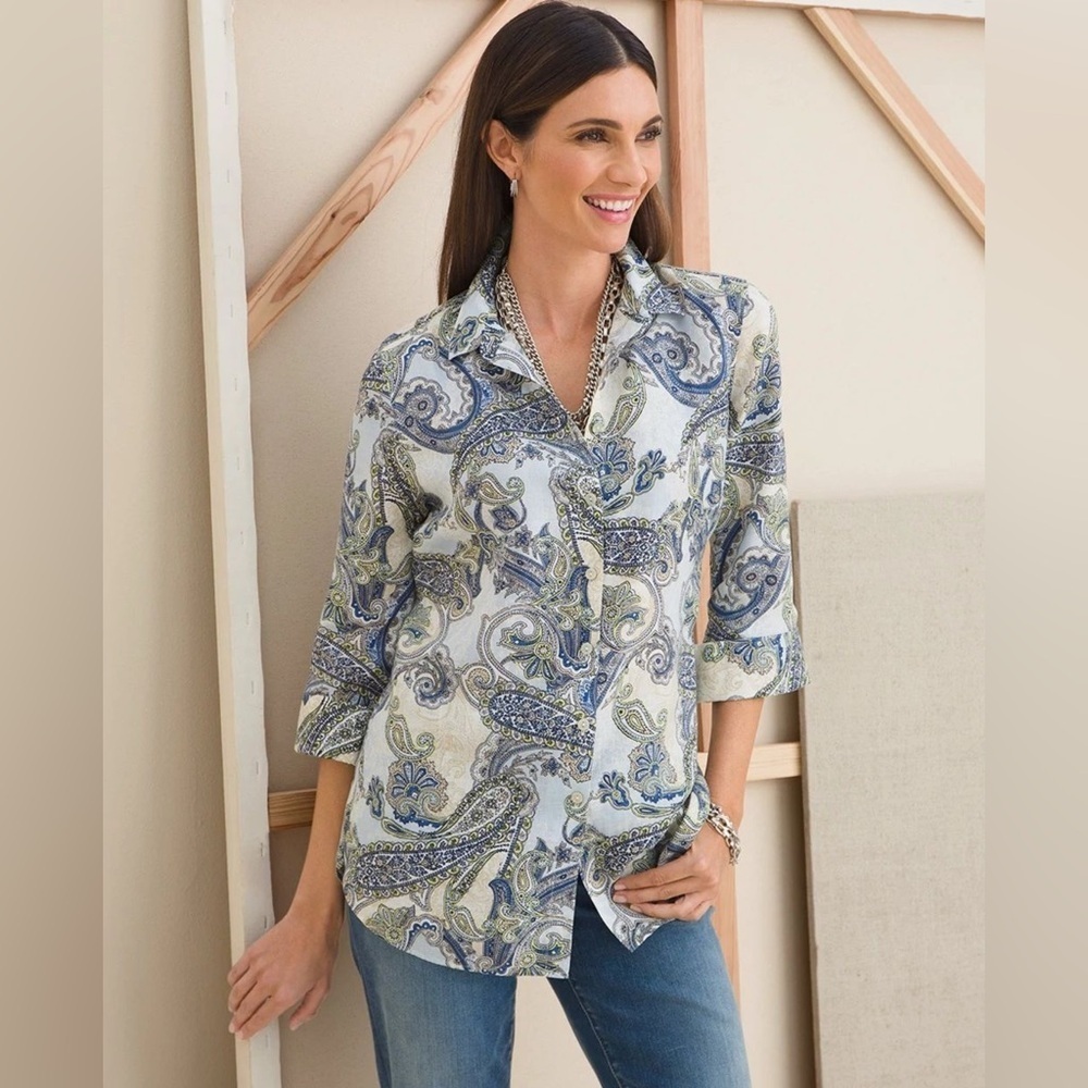 Chicos No Iron Linen Button Shirt Women M Blue Paisley Old Money 3/4 Sleeve